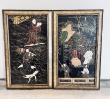 Pair Chinese Relief Lacquer and Shell Panels