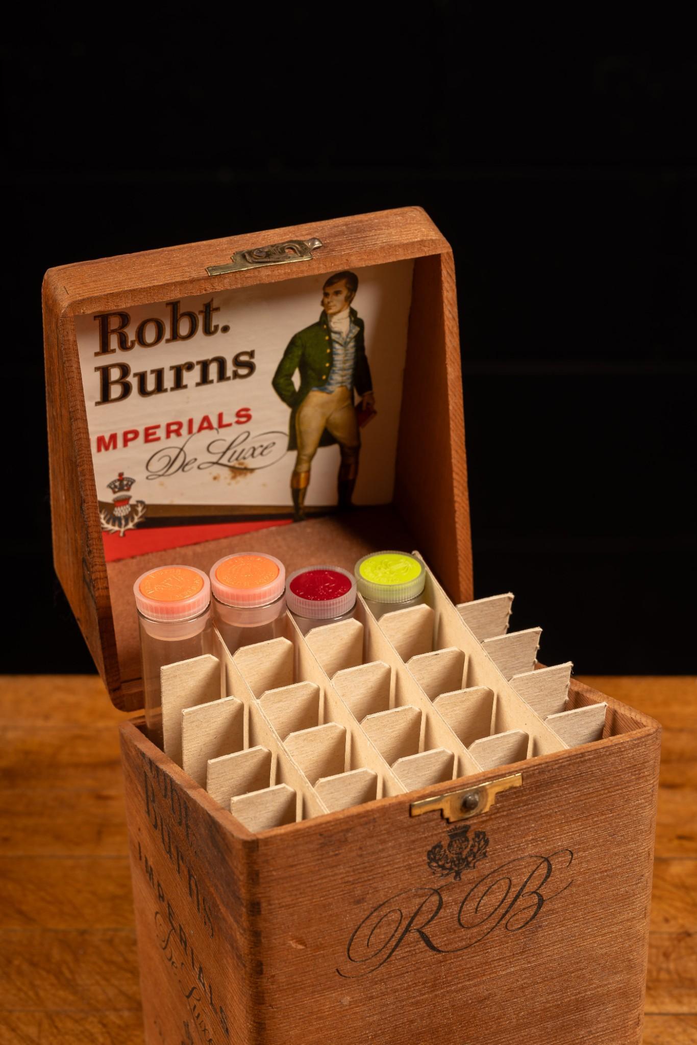 Vintage Robert Burns Cigar Box with Glass Cigar Tubes