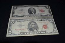 1963 Red Seal $5 Bill & 1953a Red Seal $2 Bill