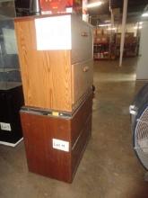 LOT: 2 PCS TWO DRAWER WOOD FILE CABINETS W/ KEURIG COFFEE MAKER AND TEA POT