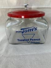 Vintage Toms Toasted Peanuts Jar and Lid Blue Lettering Red Lid