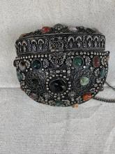 Vintage Ethnic Sajai Silver Tone Metal Purse with Natural Stones