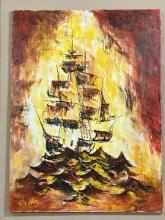 Mid Century Modern Oil on Canvas Ship at Sea Signed Weaver