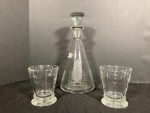 Etched Glass Decanter with 2 Napoleon Bee Glass Tumblers