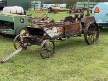 ANTIQUE HORSE DRAWN MANURE SPREADER, STEEL WHEELS, REAR BEATER