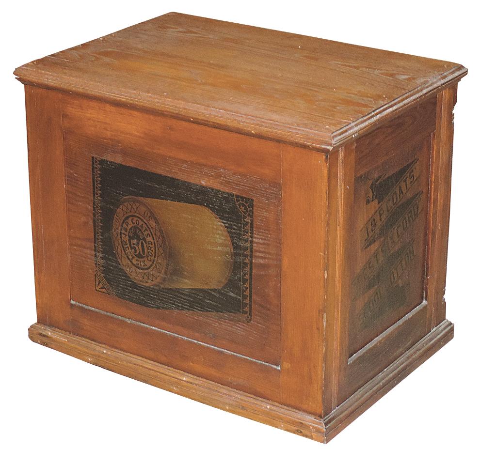 Spool Cabinet, J. & P. Coats' Best Six Cord, walnut 6-drawer w/logo on flat