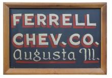Automobilia Dealership Sign, Ferrell Chev. Co.-Augusta, Ill., hand-painted