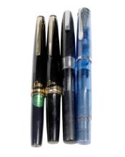 4 Fountain Pens, Pelikan 14k Nib W/translucent Blue Barrel, Sheaffer Inlaid