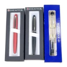 3 Sheaffer & Waterman's Fountain Pens, White Dot Red & Satin Cartridges And