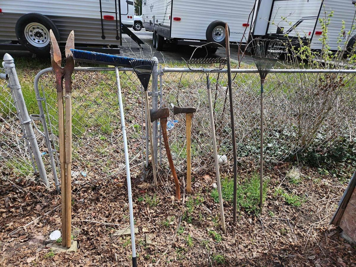 Yard tool lot, including.mall and axe