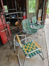 metal rack, one step stool, and 3 folding chairs