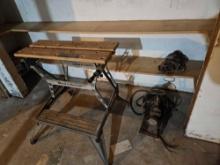 metal shelf, workmate, 2 vintage tools