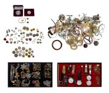 Gold, Rhinestone and Costume Jewelry and Coin Assortment