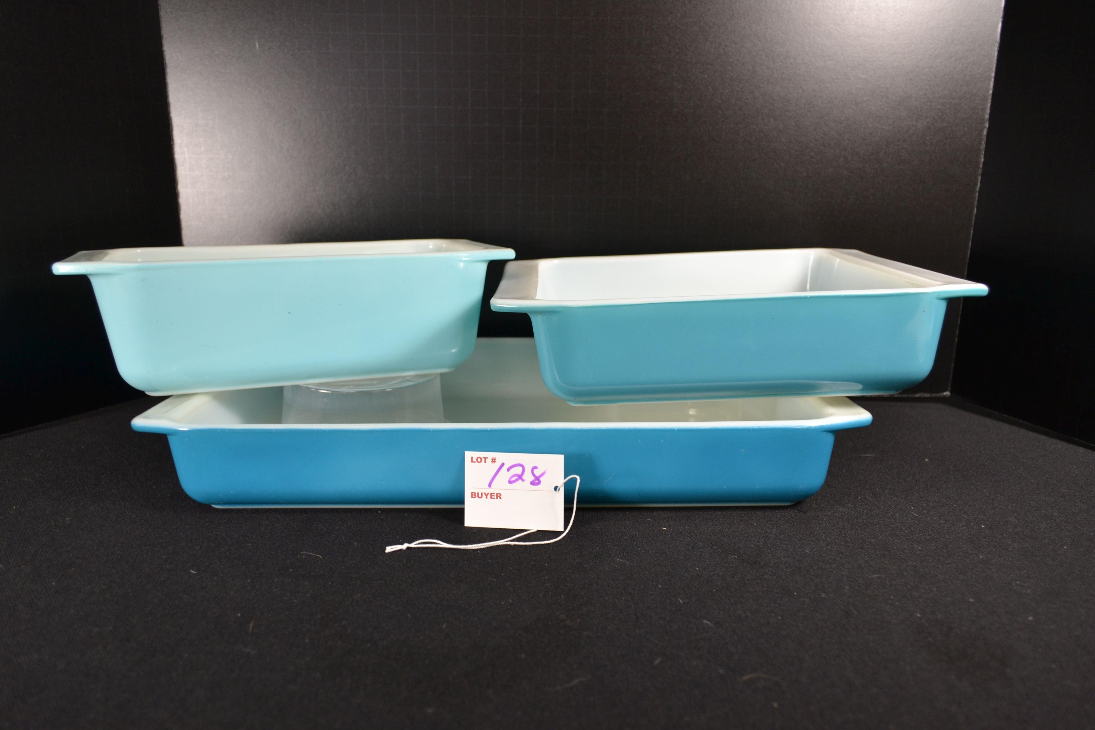 Pyrex New Horizon Bakeware Set including No. 913 Loaf Pan, No. 922 Cake Dish, and No. 933 9"x13" Obl