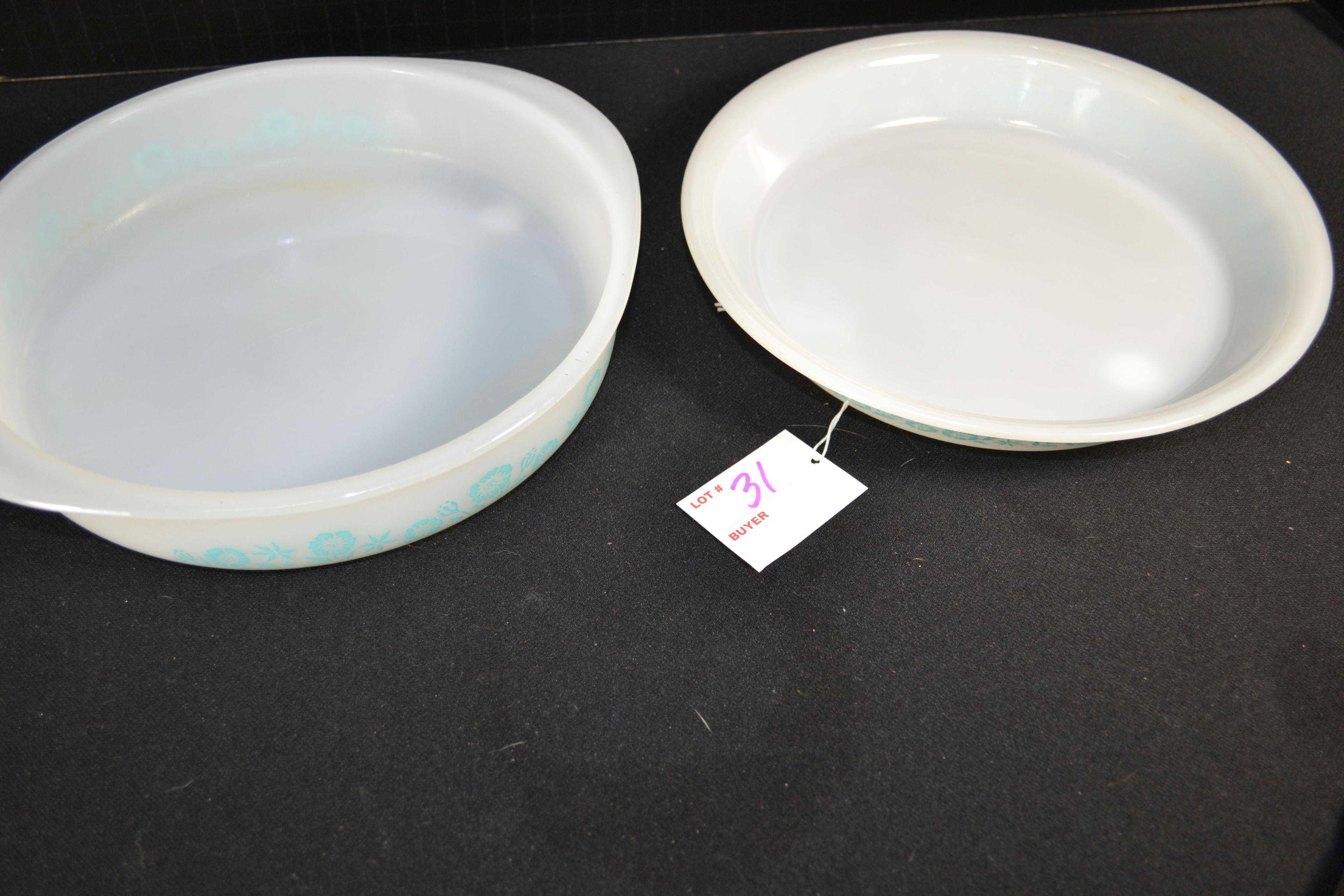 Glassbake Turquoise Flower Pie Plate and Round Cake Pan