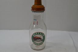 1 Quart Glass Buffalo Gasoline Master Oil Bottle, Reproduction? w/Metal Top & Spout, 14" Tall