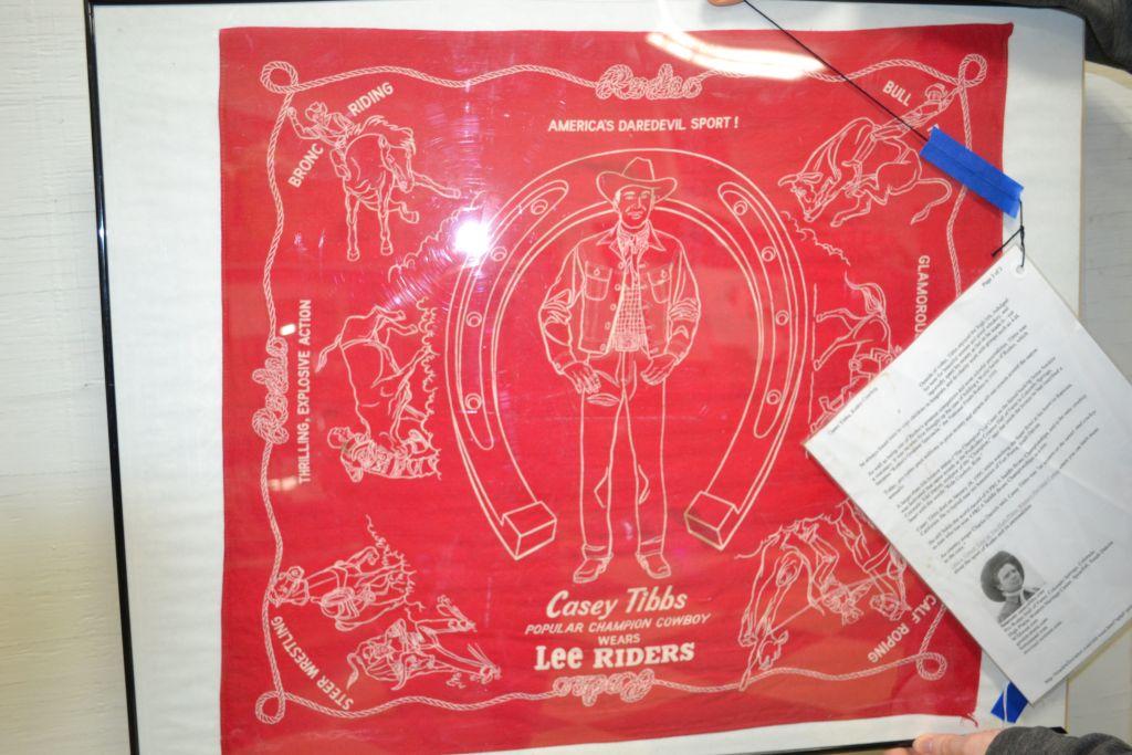 Lee Riders "Casey Tibbs Popular Champion Cowboy" Rodeo Kerchief; Framed; Kerchief is 22"x 20"