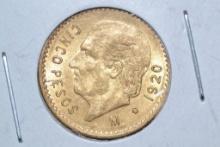 1920 Mexican Five Peso .900 Gold Piece; Unc.