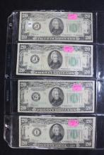 4 - Twenty Dollar Bills; including 1934, 1934-B (x2), and 1934-C; All F; 4xBid