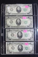 4 - Twenty Dollar Bills; including 1934 (x2) and 1934-A (x2); All Circ.; 4xBid
