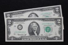Pair of 1976 Two Dollar Bills w/Consecutive SNs; Unc.