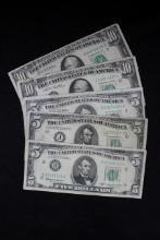 Group of 5 Bills including Ten Dollar Bills (x2) and Five Dollar Bills (x3); Avg. Circ.