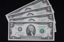 Group of 4 - 2003 Two Dollar Bills w/Consecutive SNs; Unc.