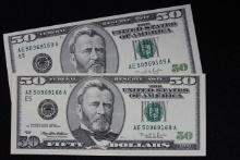 Pair of 1996 Fifty Dollar Bills w/Consecutive SNs; Unc.