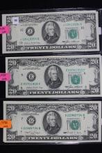 Group of 6 - Twenty Dollar Bills including 1985 (x3), 1988-A (x1), 1990 (x1), and 1995 (x1); Unc.
