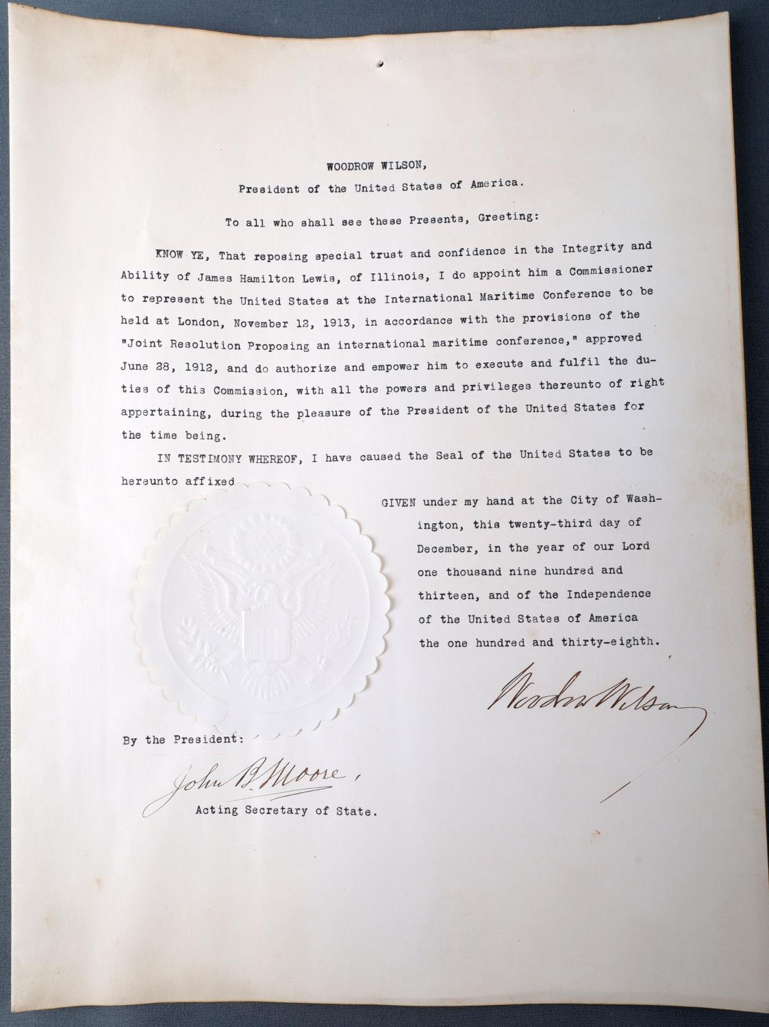 WOODROW WILSON 1913 SIGNED APPOINTMENT