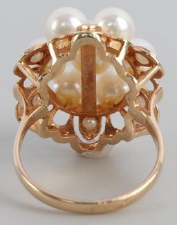 14K YELLOW GOLD PEARL ANTIQUE CLUSTER RING