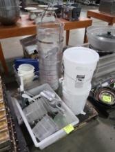 pallet of misc- plastic containers & drink servers, utensils, etc