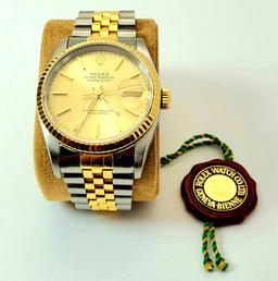 Mens ROLEX Datejust 18k & ST. Steel Oyster Perpetual Watch w/ Box