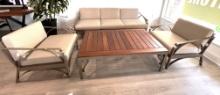 "Auburn" a 4 Piece Outdoor Patio Furniture Set with a 3 Seater Sofa, (2) Side Chairs, and 80" Teak T