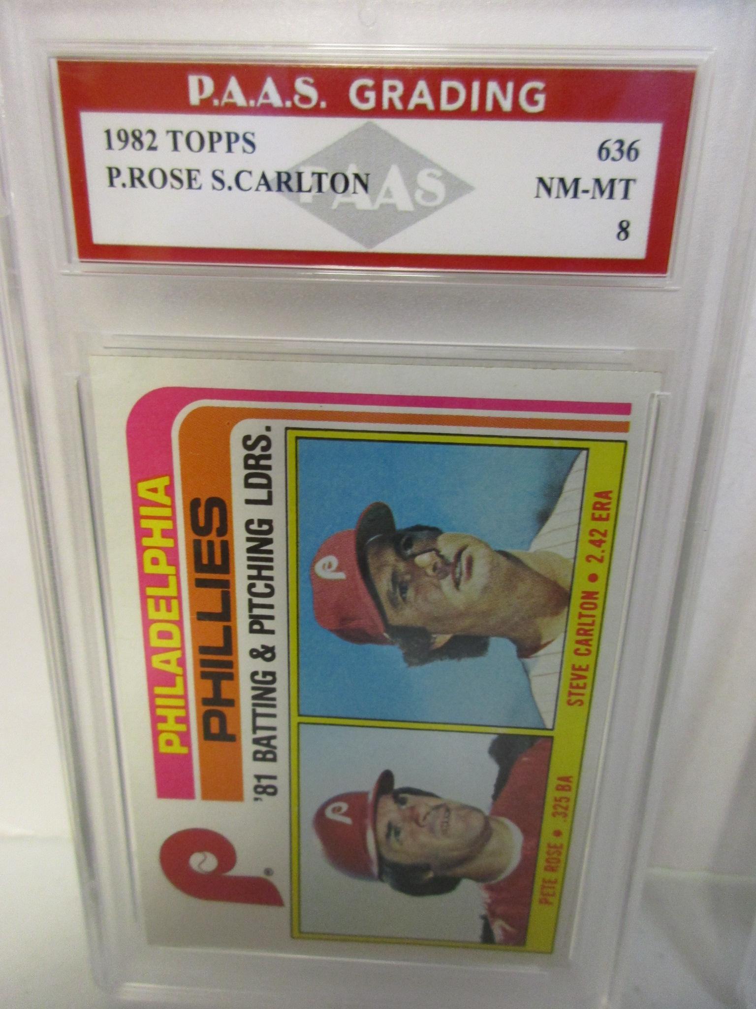 Pete Rose Steve Carlton Phillies 1982 Topps #636 graded PAAS NM-MT 8