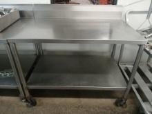48" Solid Stainless Steel Table W/ Stainless Under Shelf & Casters - Comes Complete with Backsplash