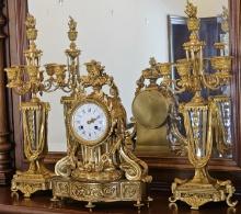 Three Piece Mantle Clock and Candle Holders Set