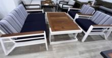 Belvedere is a 4 Piece Outdoor Furniture Set with a 3 Seater Sofa, (2) Arm Side Chairs and a Teak To