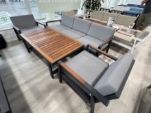Smynra,  a 4 Piece Outoor Furniture Set with a 3 Seater Sofa, (2) Arm Side Chairs and a Teak Top Cof