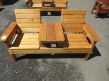 65'' W 2-SEAT CEDAR BENCH W/ MIDDLE TABLE (UNUSED)