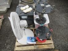 MINI FRIDGE, (3) SHOP STOOLS, & ASSORTED FIRE EXTINGUISHERS