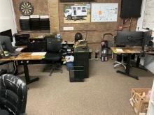 (2) POWER ADJUSTABLE HEIGHT DESKS, (2) WOOD CABINETS, OFFICE CHAIRS, (2) CO