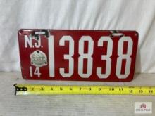 1914 "New Jersey 13838" Porcelain License Plate