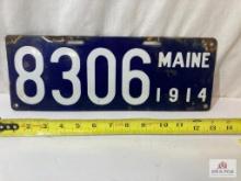 1914 "Maine 8306" Porcelain License Plate