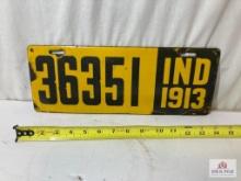 1913 "Indiana 36351" Porcelain License Plate