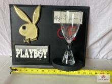 Hugh Hefner Playboy signature plaque with key and Holmegaard Denmark glass