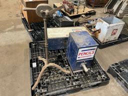 A PALLET OF DELCO BOX, PENCIL DISPENSER, STEWART CLIPPER HAND