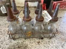 SUNOCO GLASS MOTOR OIL BOTTLES WITH METAL CARRIER, 8 TOTAL