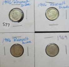 (3) 1946- Roosevelt Dime, 1964 Roosevelt Dime