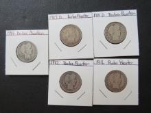 1909-D, 1012, 1914, 1915-D, 1916- Barber Quarters
